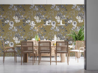 Golden botanical wallpaper with pale flowers and detailed branch sketching