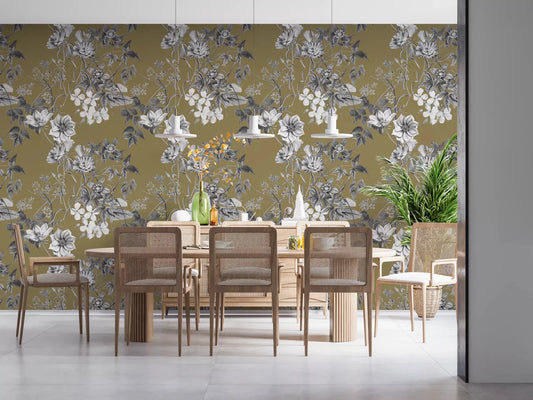 Golden botanical wallpaper with pale flowers and detailed branch sketching