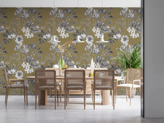 Golden botanical wallpaper with pale flowers and detailed branch sketching, GD9363