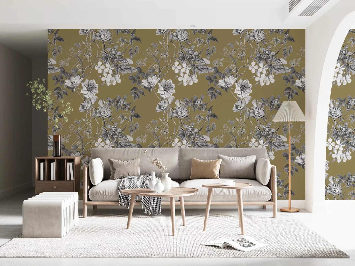 Living room with Golden Botanical Prints wallpaper in warm floral sketch style