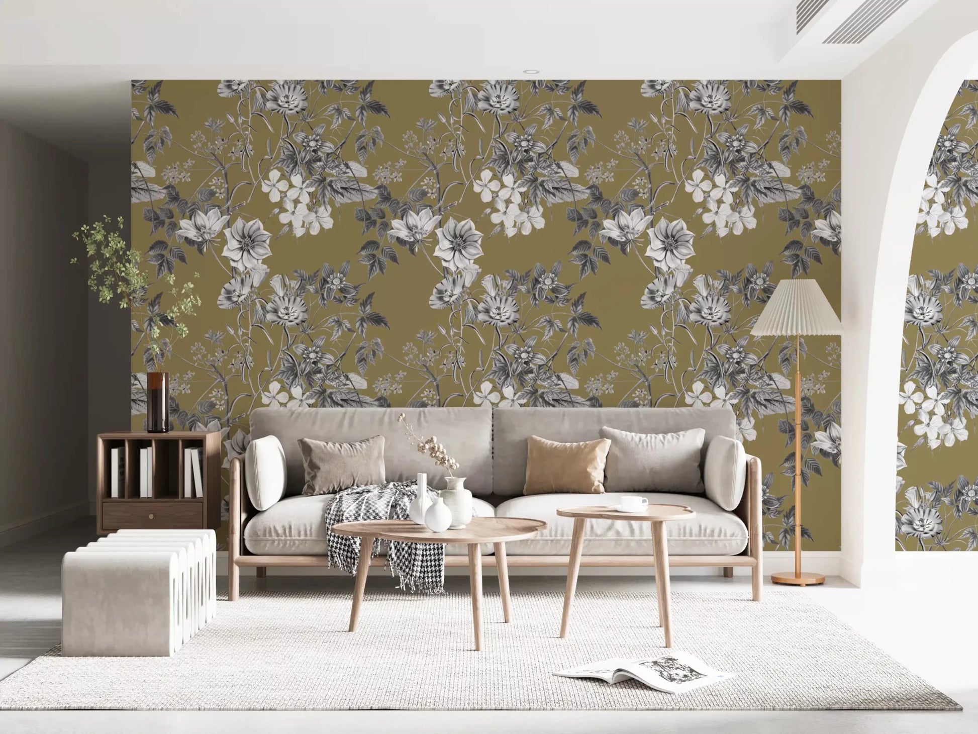 Living room with Golden Botanical Prints wallpaper in warm floral sketch style