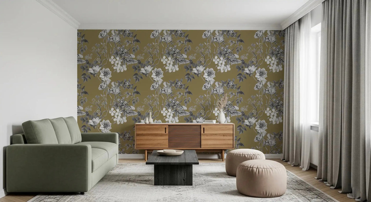 Neutral gold wallpaper with engraved flowers and delicate stem structure
