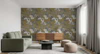 Neutral gold wallpaper with engraved flowers and delicate stem structure
