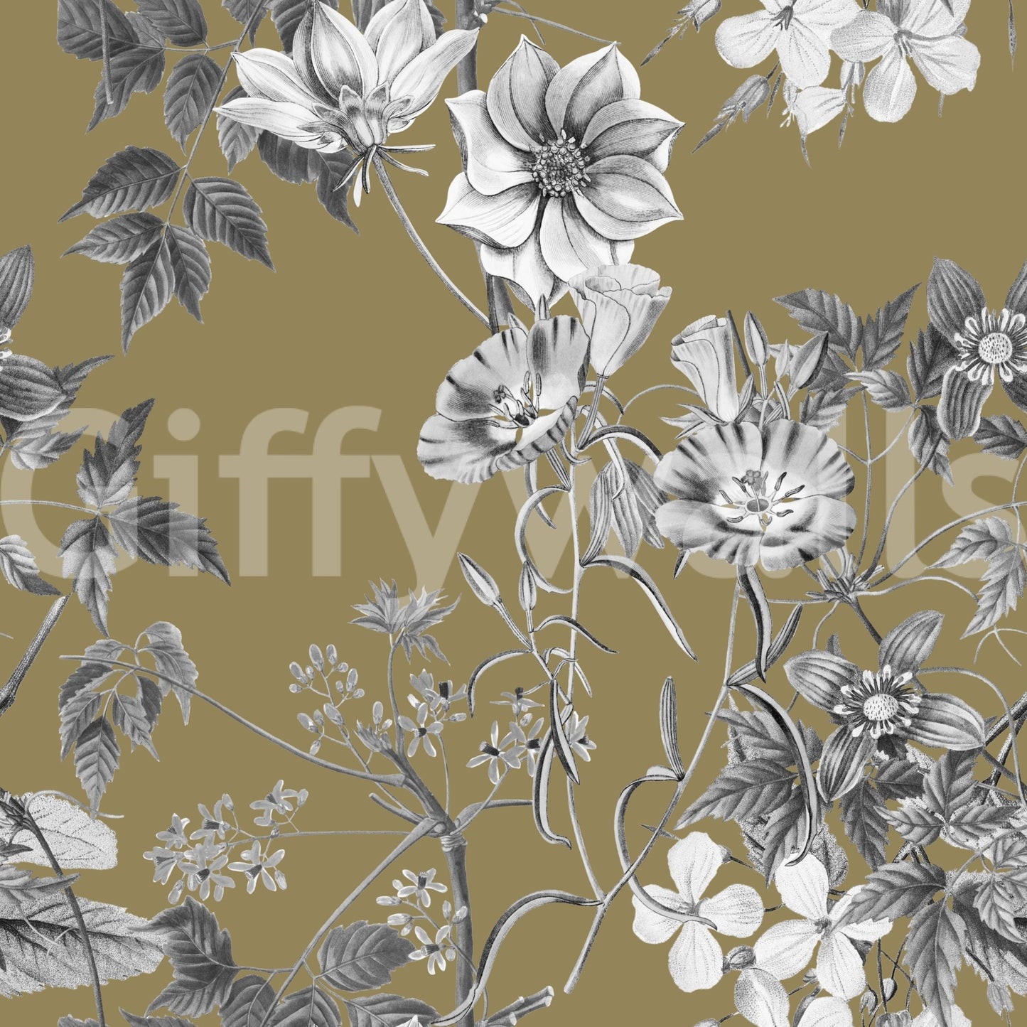 Botanical linework wallpaper with warm gold base and pale floral accents