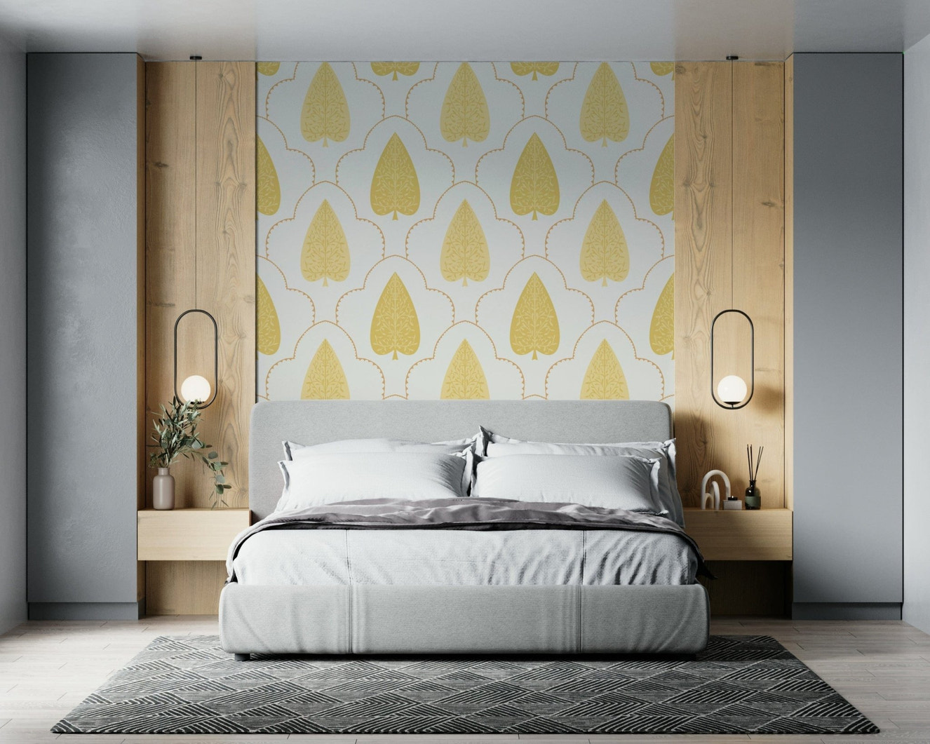 Golden Branch wallpaper with regal, mustard yellow foliage shapes.