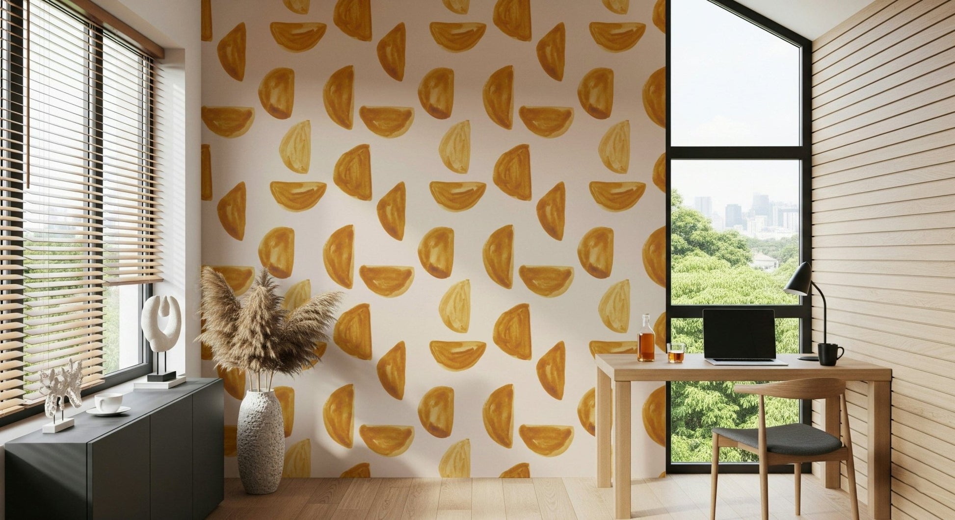 Ochre abstract shapes on blush Golden Brushstrokes Wallpaper print