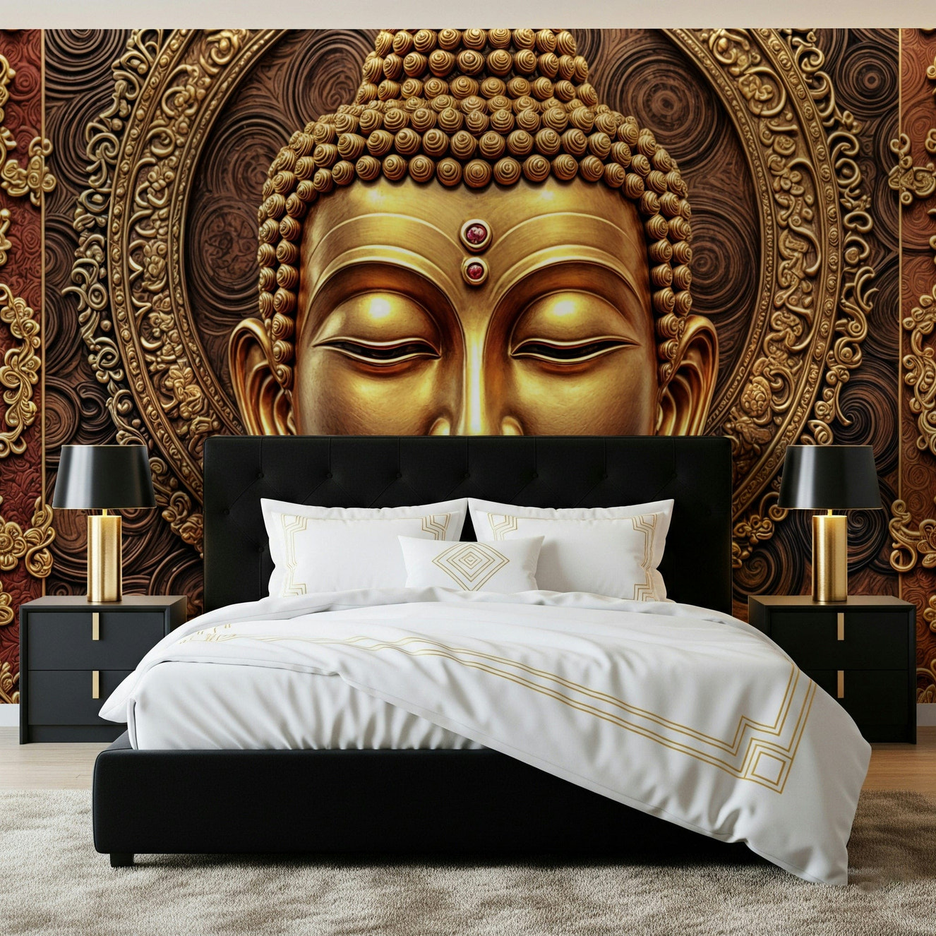 Golden Buddha's Gaze Wall Mural for a professional reception area wallpaper.
