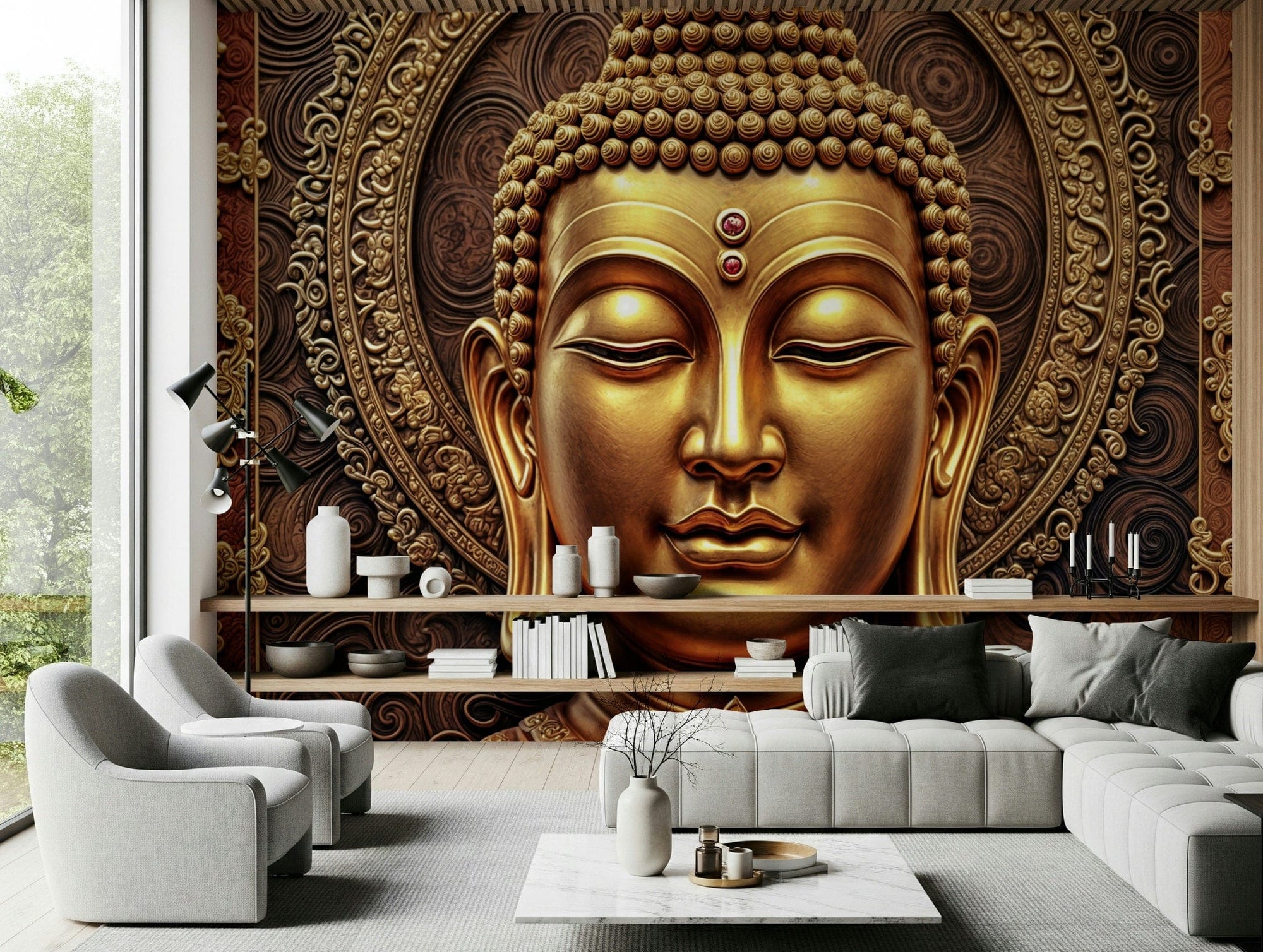 Detailed golden statue wall mural in a minimalist guest room or study., GD3692