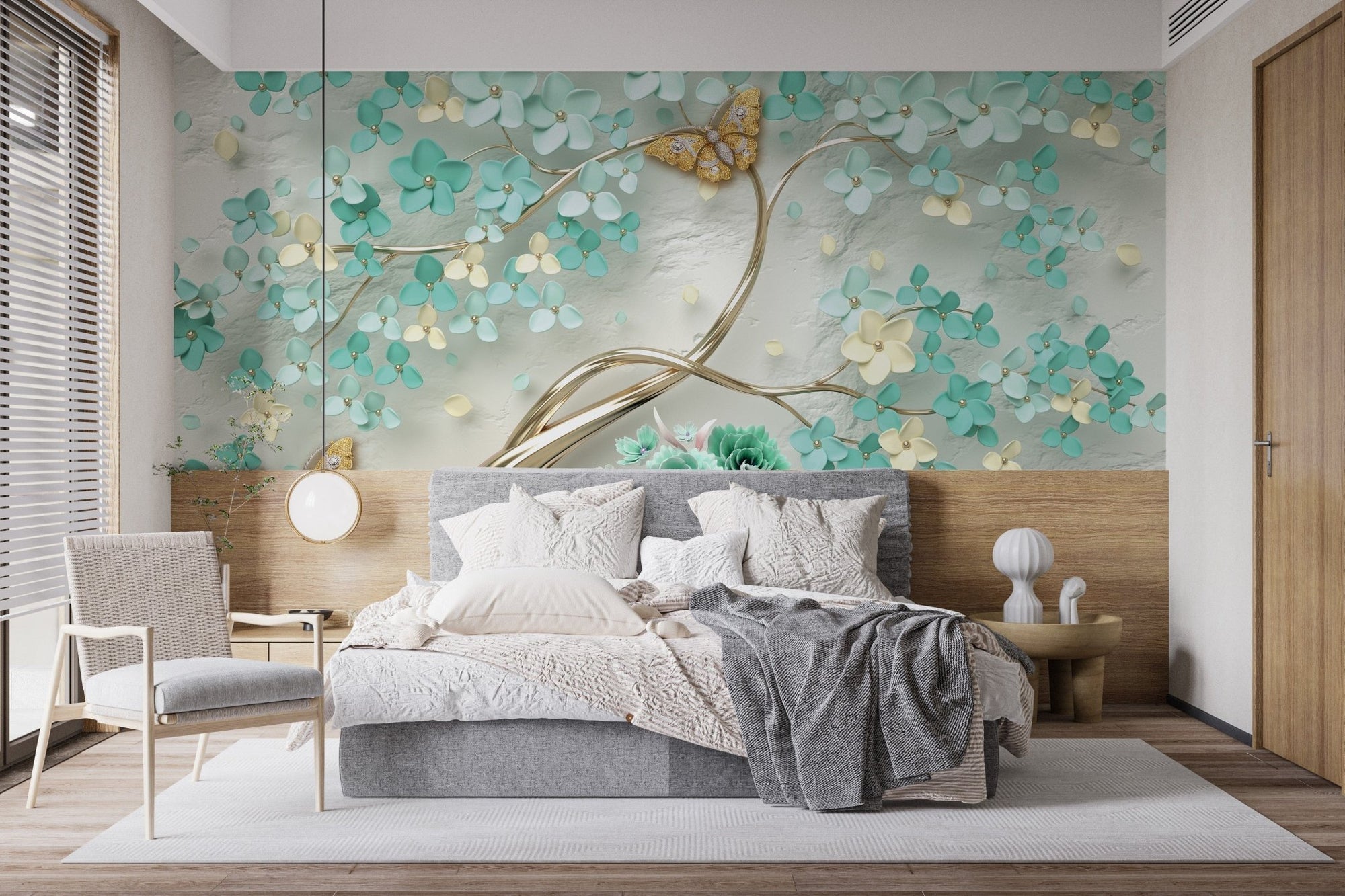 Green Flowers Golden Butterfly Wallpaper Murals B122