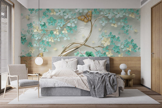 Green Flowers Golden Butterfly Wallpaper Murals B122