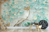Green Flowers Golden Butterfly Wallpaper Murals - Giffywalls