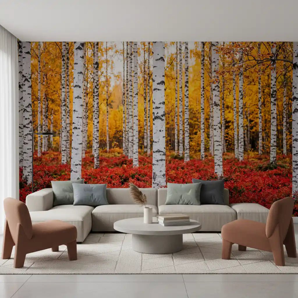 Warm seasonal contrast gives Golden Canopy, Red Carpet wall mural depth