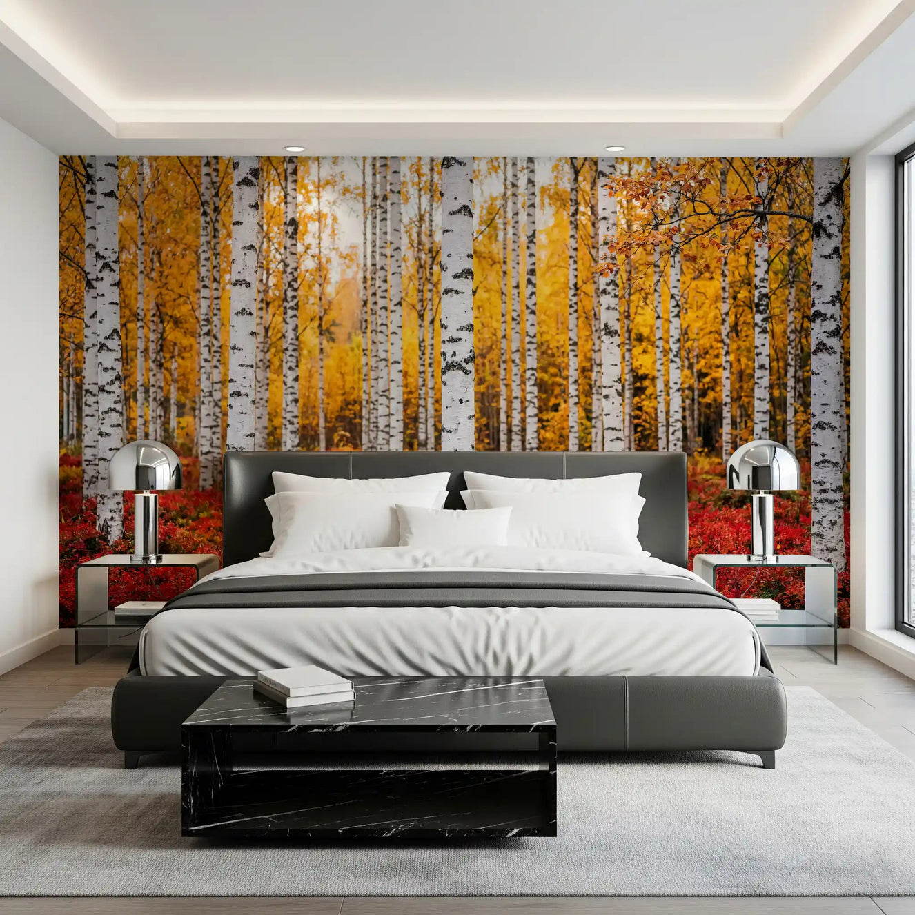Bedroom styled in Golden Canopy, Red Carpet wall mural with red forest floor