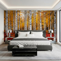 Bedroom styled in Golden Canopy, Red Carpet wall mural with red forest floor