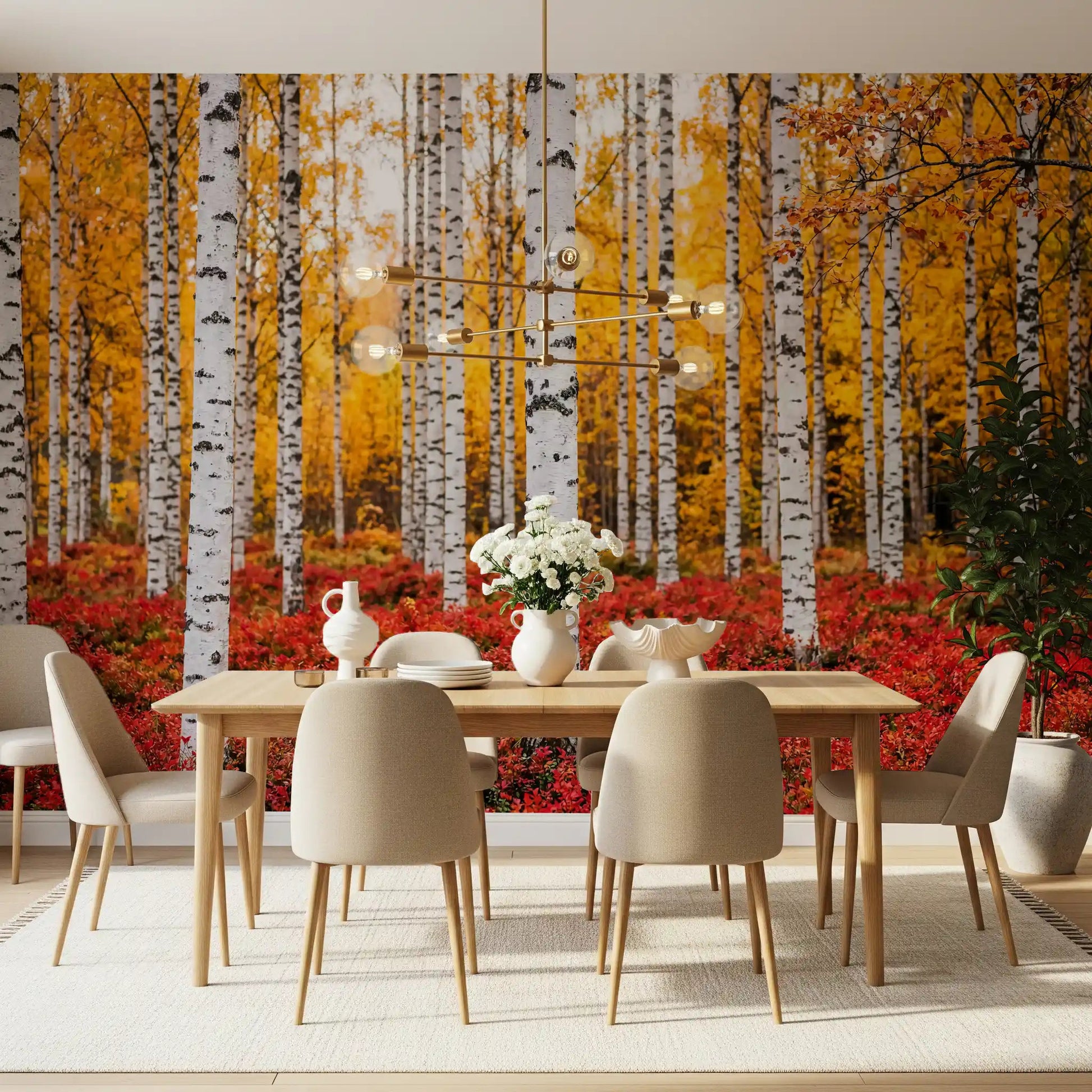 Dining room wall with Golden Canopy, Red Carpet wall mural and white tree trunks
