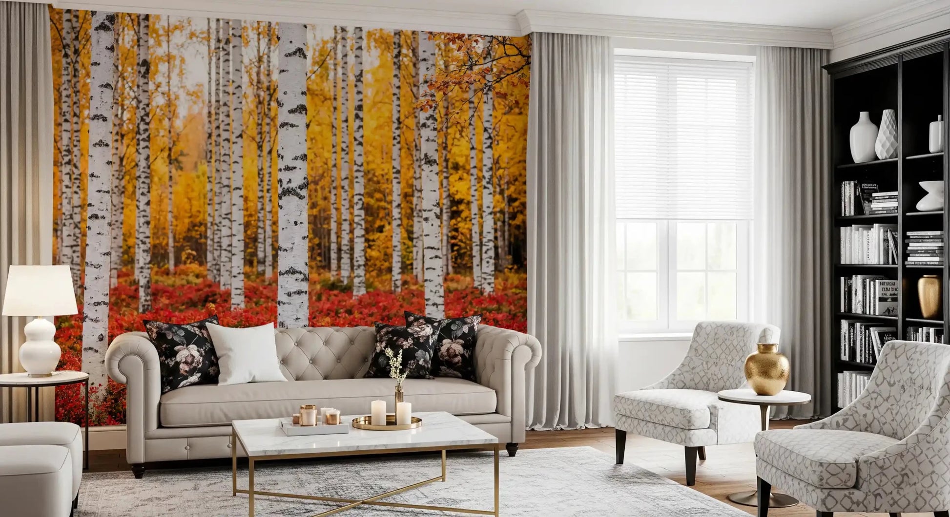 Living room with Golden Canopy, Red Carpet wall mural and autumn trees