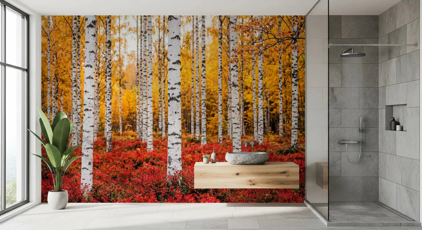 White trunks and golden leaves shape Golden Canopy, Red Carpet mural