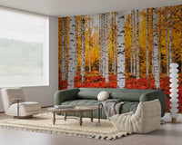 Autumn woodland scenery in Golden Canopy, Red Carpet wall mural design