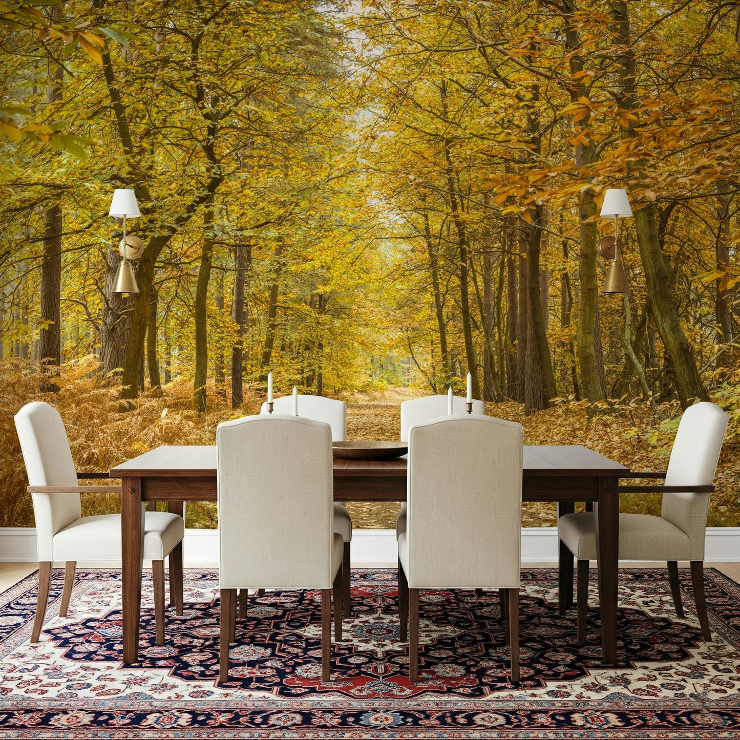 Designer furniture against Golden Canopy Trail Wall Mural design.