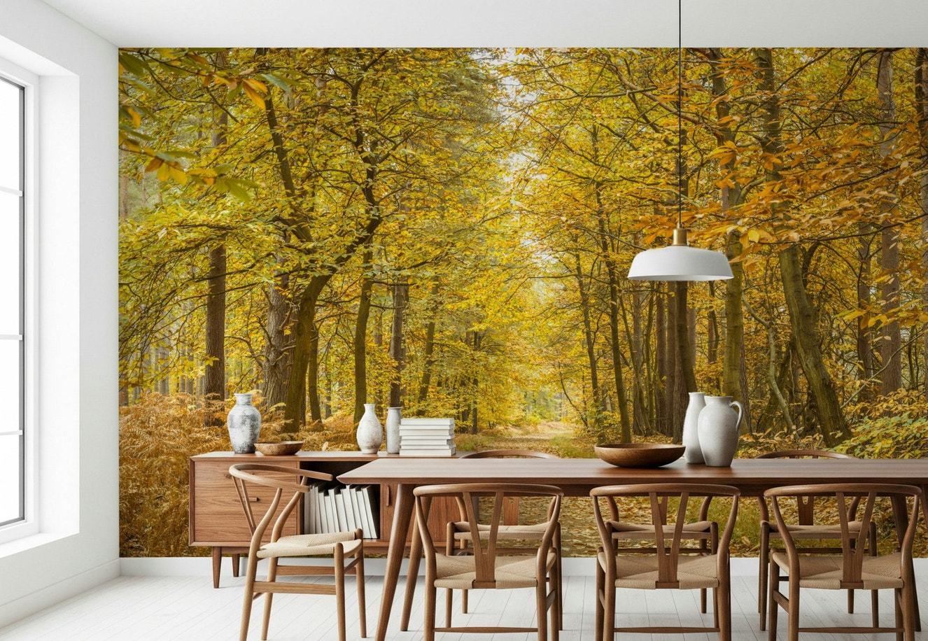 Golden Canopy Trail Wall Mural in a sophisticated living room.
