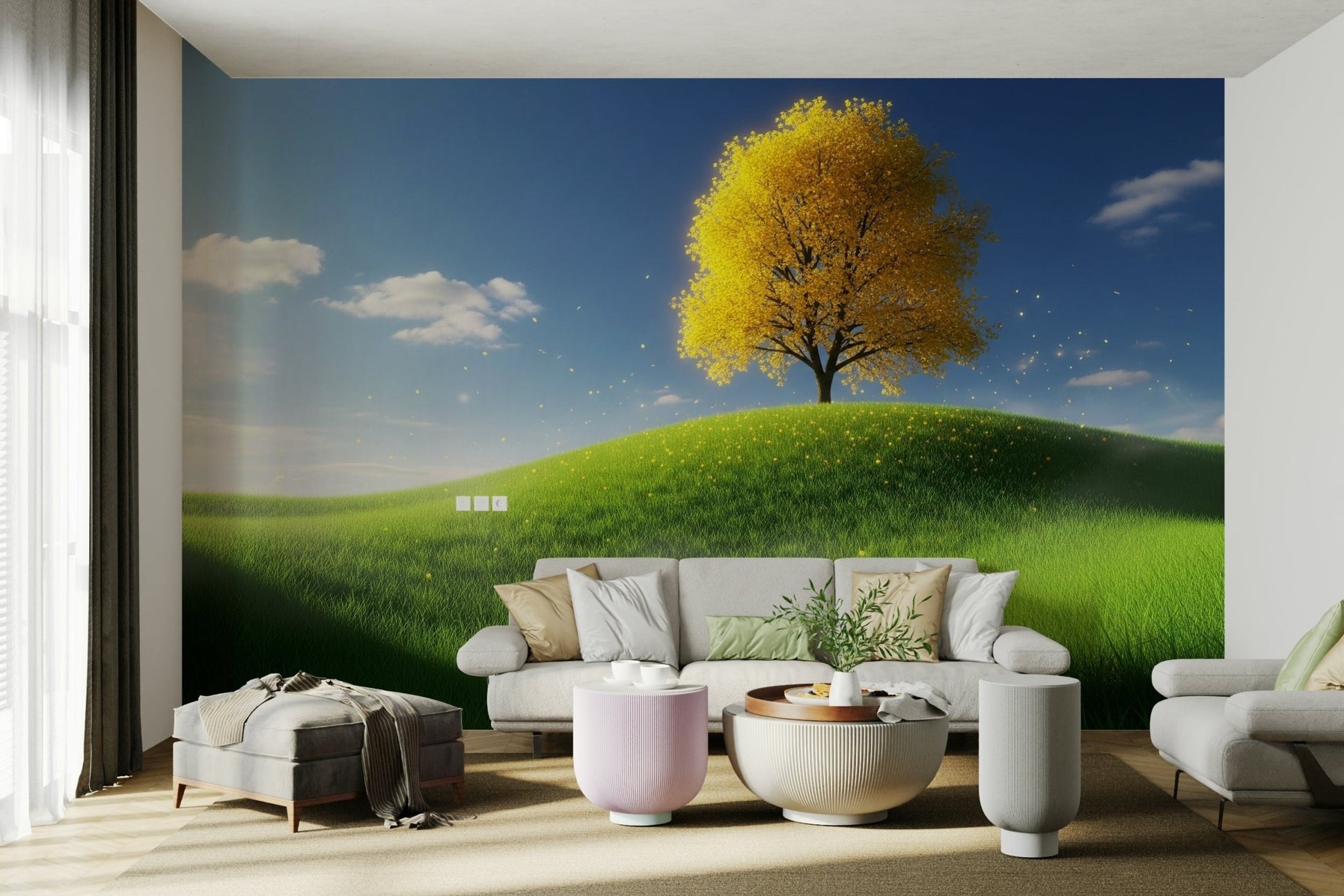 A peaceful woodland scene mural on decorative wallpaper.

