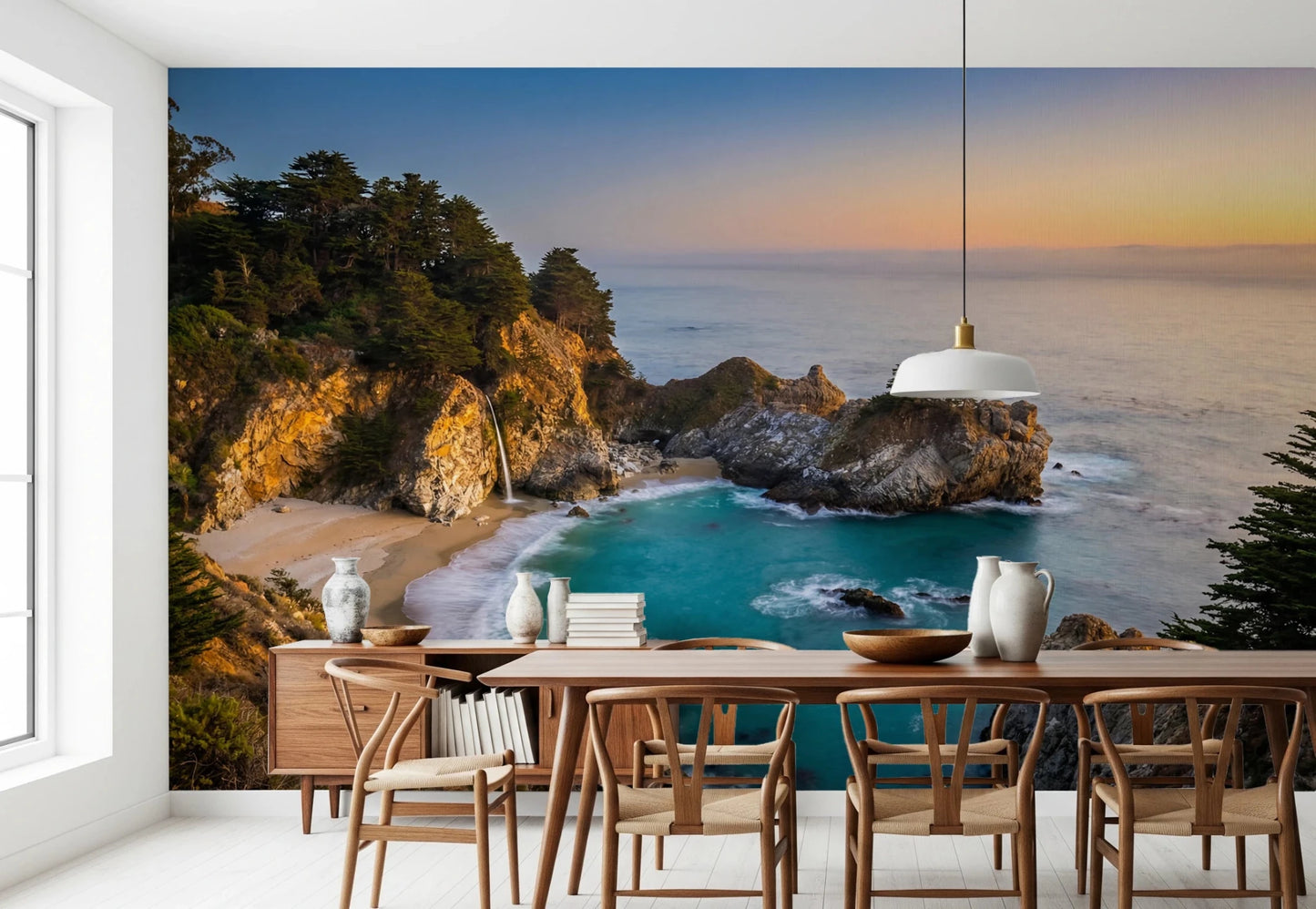 Dining area lifted by Golden Cove Wall Mural and its glowing shoreline backdrop