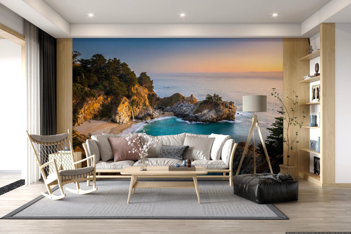 Modern lounge styled with Golden Cove Wall Mural and warm cliffside ocean light