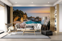 Modern lounge styled with Golden Cove Wall Mural and warm cliffside ocean light