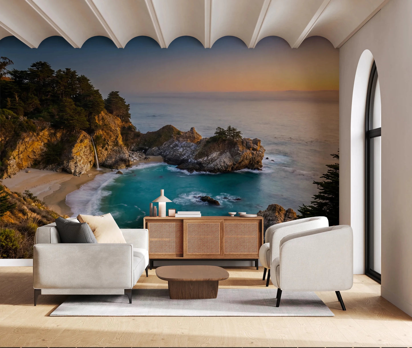 Patio-style lounge enriched by Golden Cove Wall Mural and a golden ocean horizon