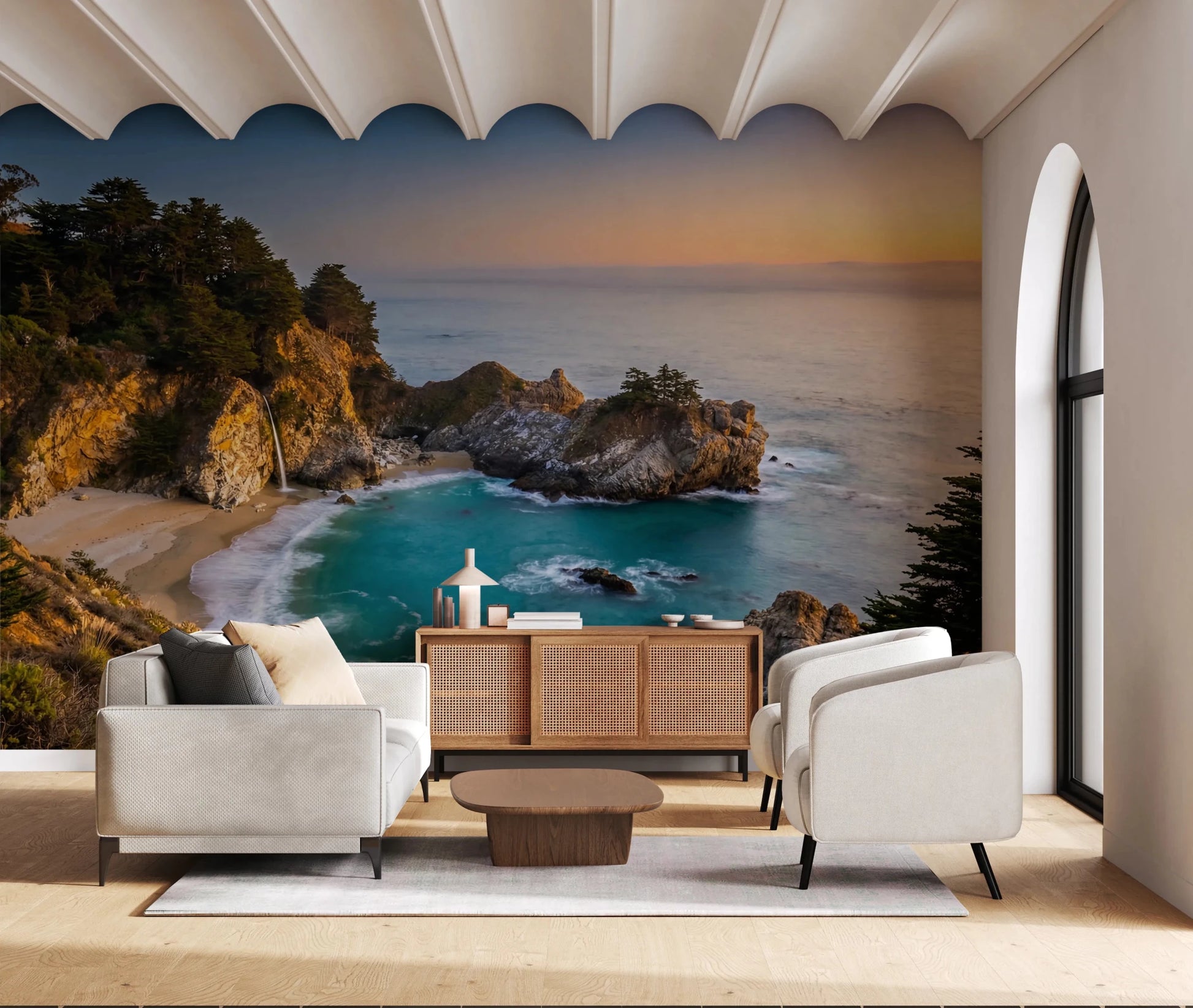 Patio-style lounge enriched by Golden Cove Wall Mural and a golden ocean horizon