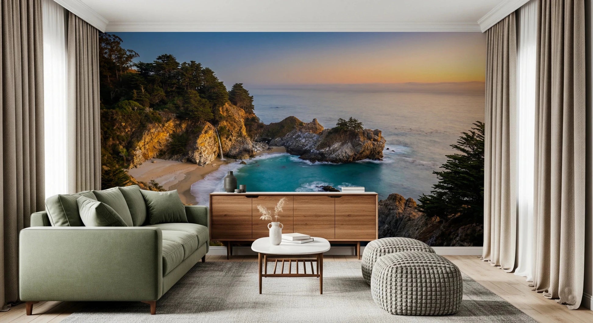 Living nook framed by Golden Cove Wall Mural and peaceful evening water views
