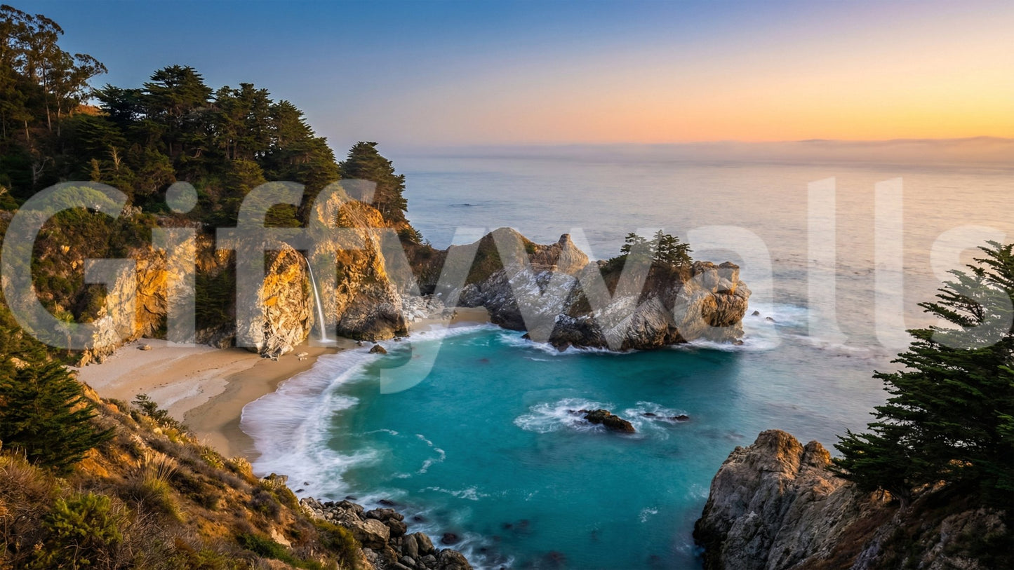 Golden Cove Wall Mural with glowing coastal cliffs, turquoise water, and sunset sky