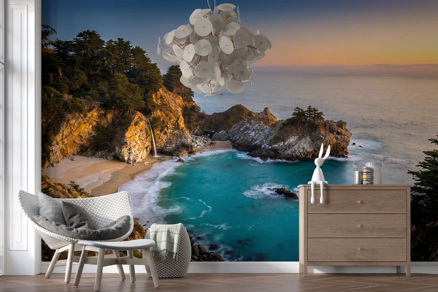 Sitting area paired with Golden Cove Wall Mural and sunlit rocky coastal scenery