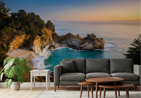 Sofa corner softened by Golden Cove Wall Mural and tranquil sea-blue tones