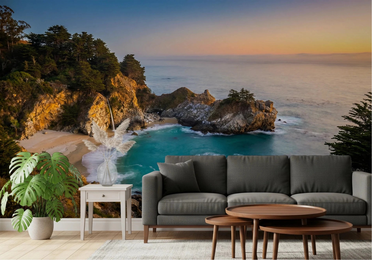 Sofa corner softened by Golden Cove Wall Mural and tranquil sea-blue tones, GD8674