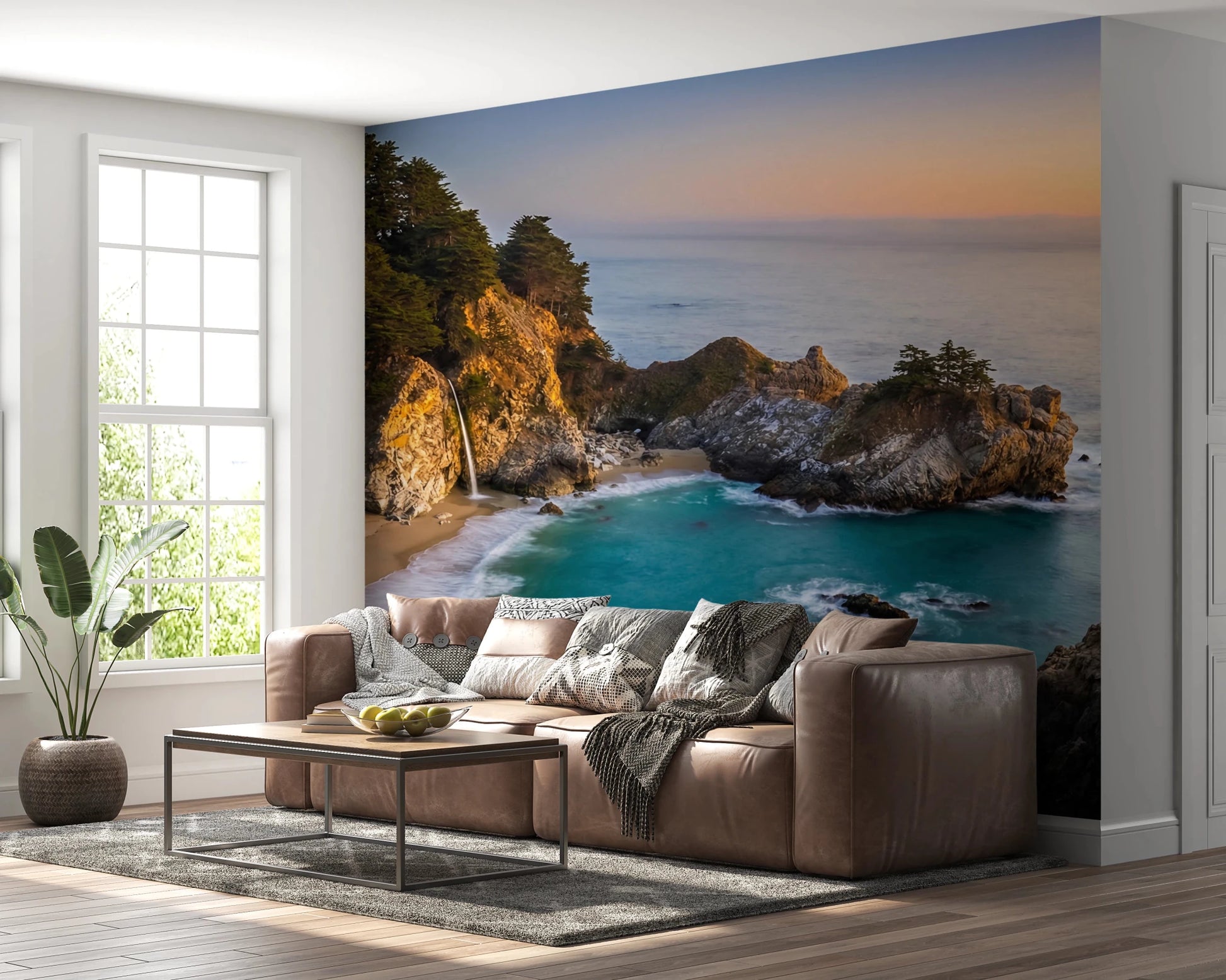 Living room brightened by Golden Cove Wall Mural and its calm coastal sunset view