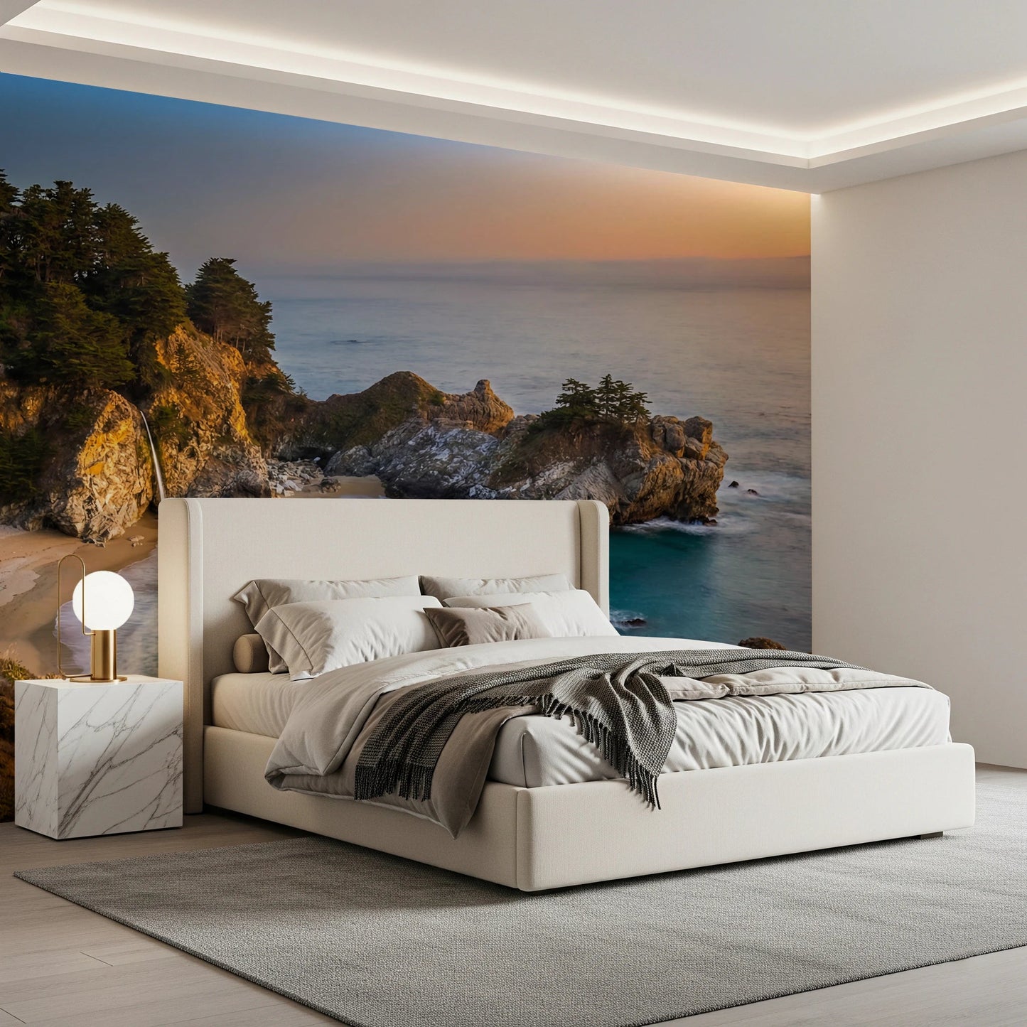 Bedroom featuring Golden Cove Wall Mural with a serene cove at dusk