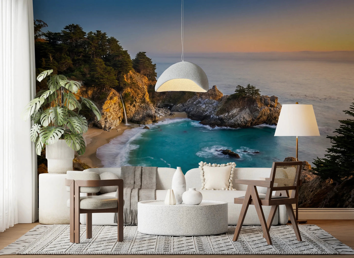 Dining corner opened visually with Golden Cove Wall Mural and sweeping bay depth