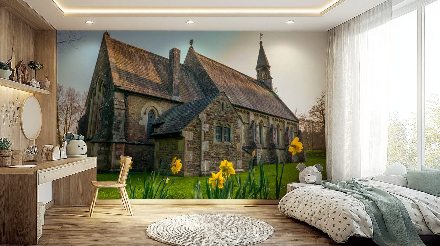 Bright yellow flowers and historic building Golden Daffodils wallpaper.