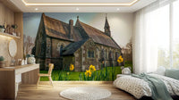 Bright yellow flowers and historic building Golden Daffodils wallpaper.