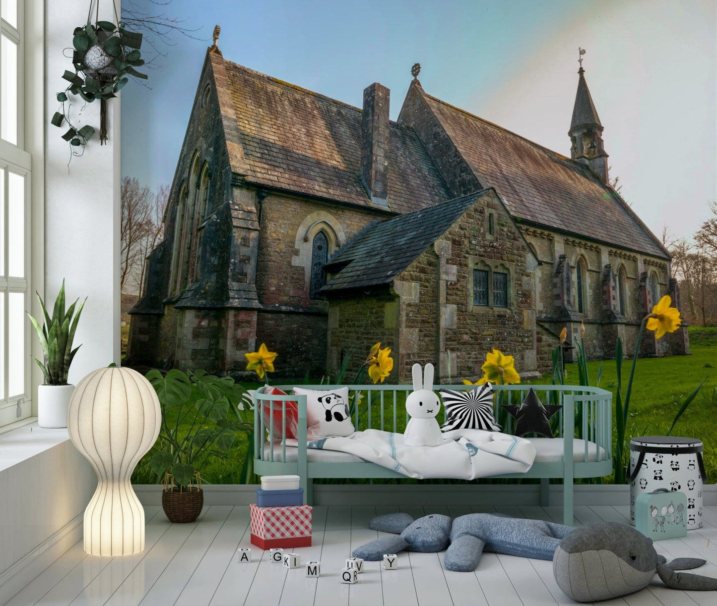 Picturesque landscape featuring a church Golden Daffodils wall paper.