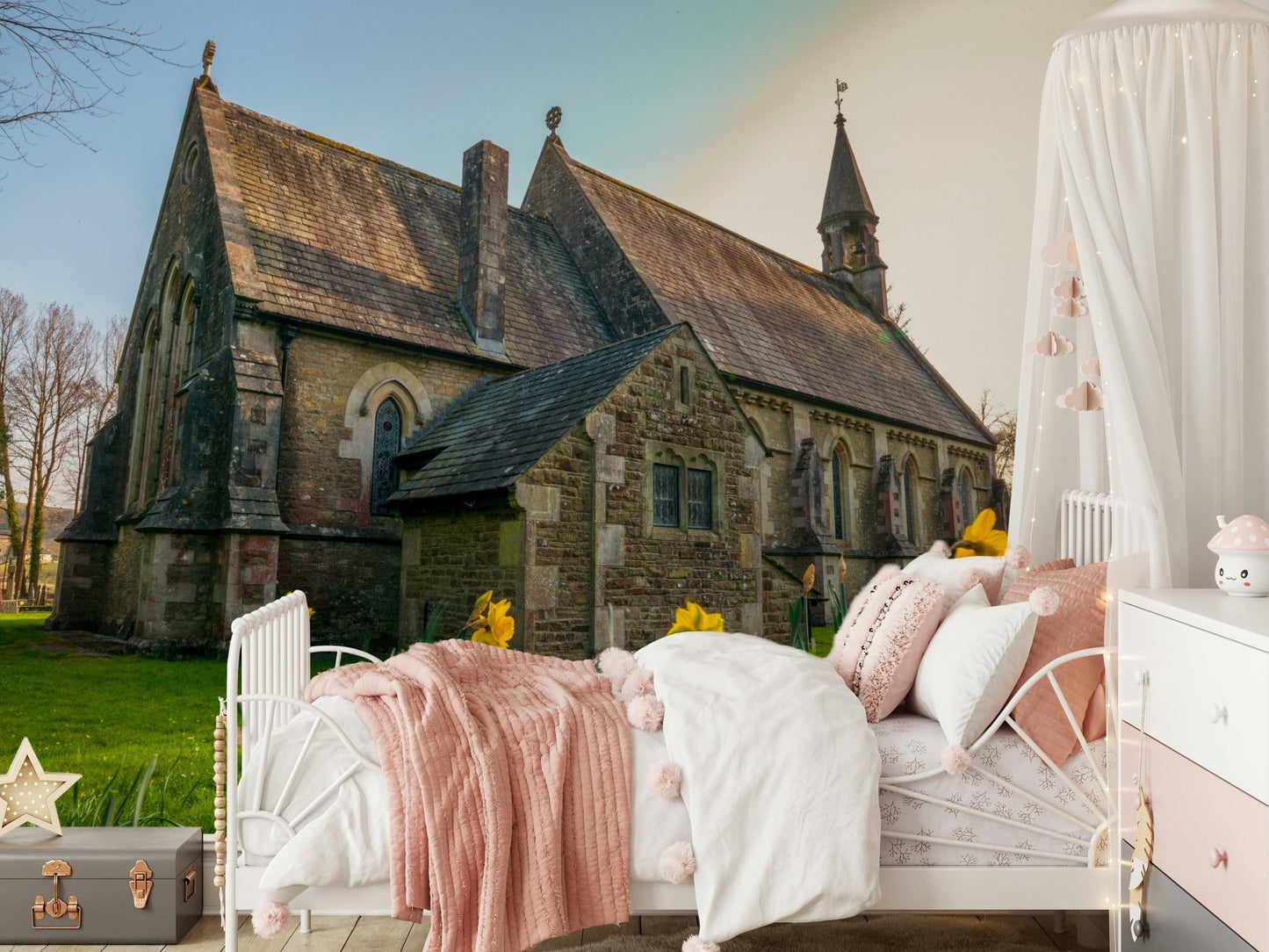 Sunny day photo of daffodils and ancient church Golden Daffodils wallpaper.