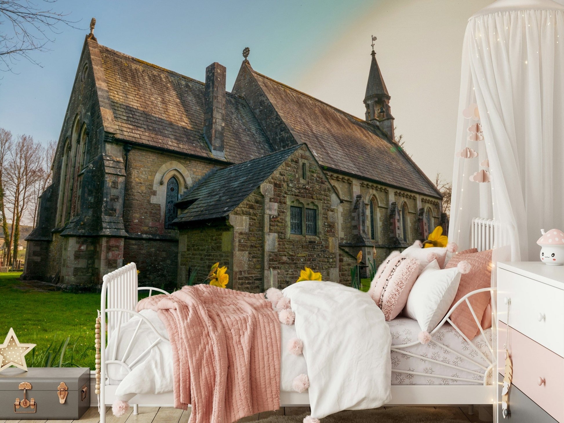 Sunny day photo of daffodils and ancient church Golden Daffodils wallpaper.