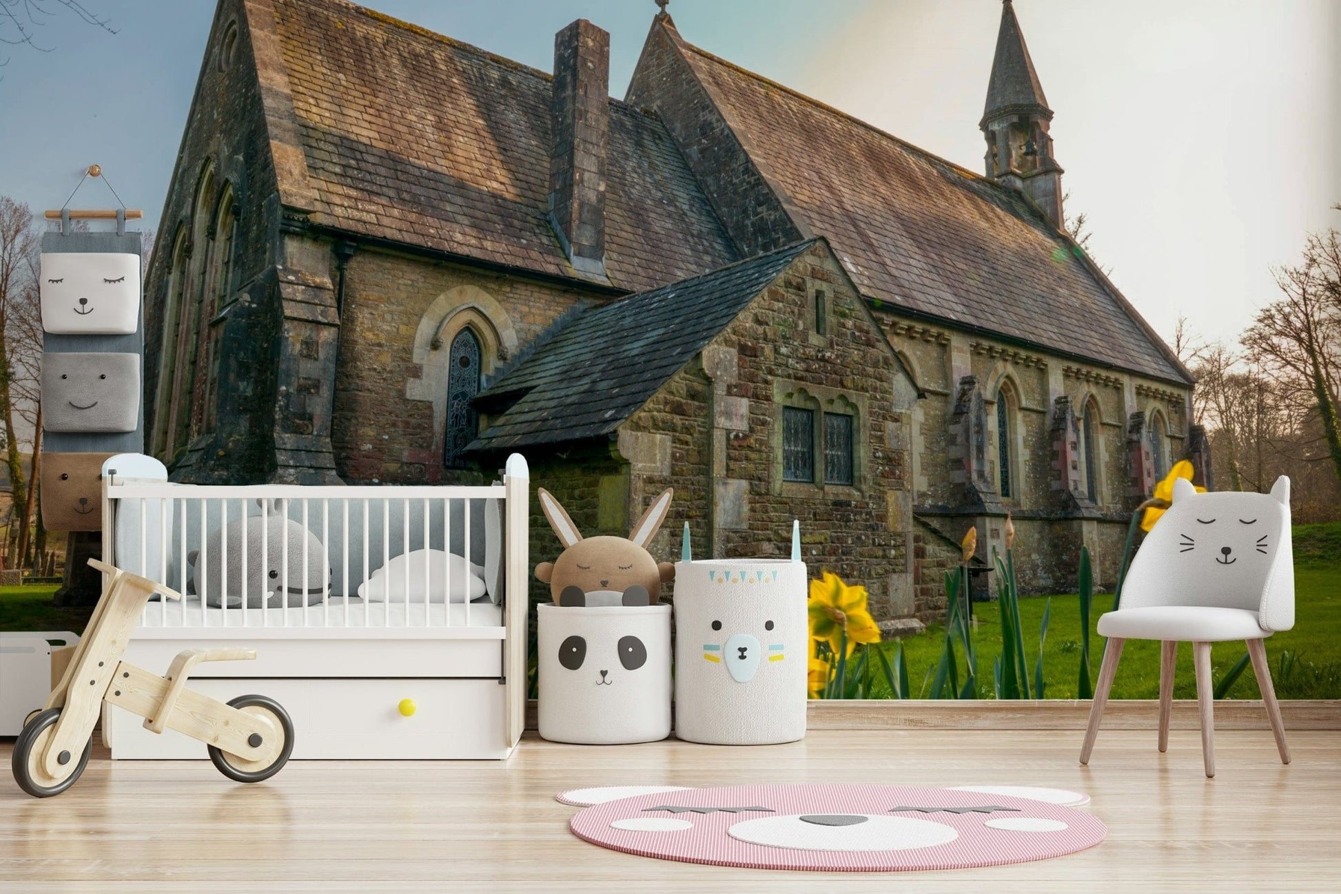 Cathedral building and yellow spring blooms Golden Daffodils wall mural.