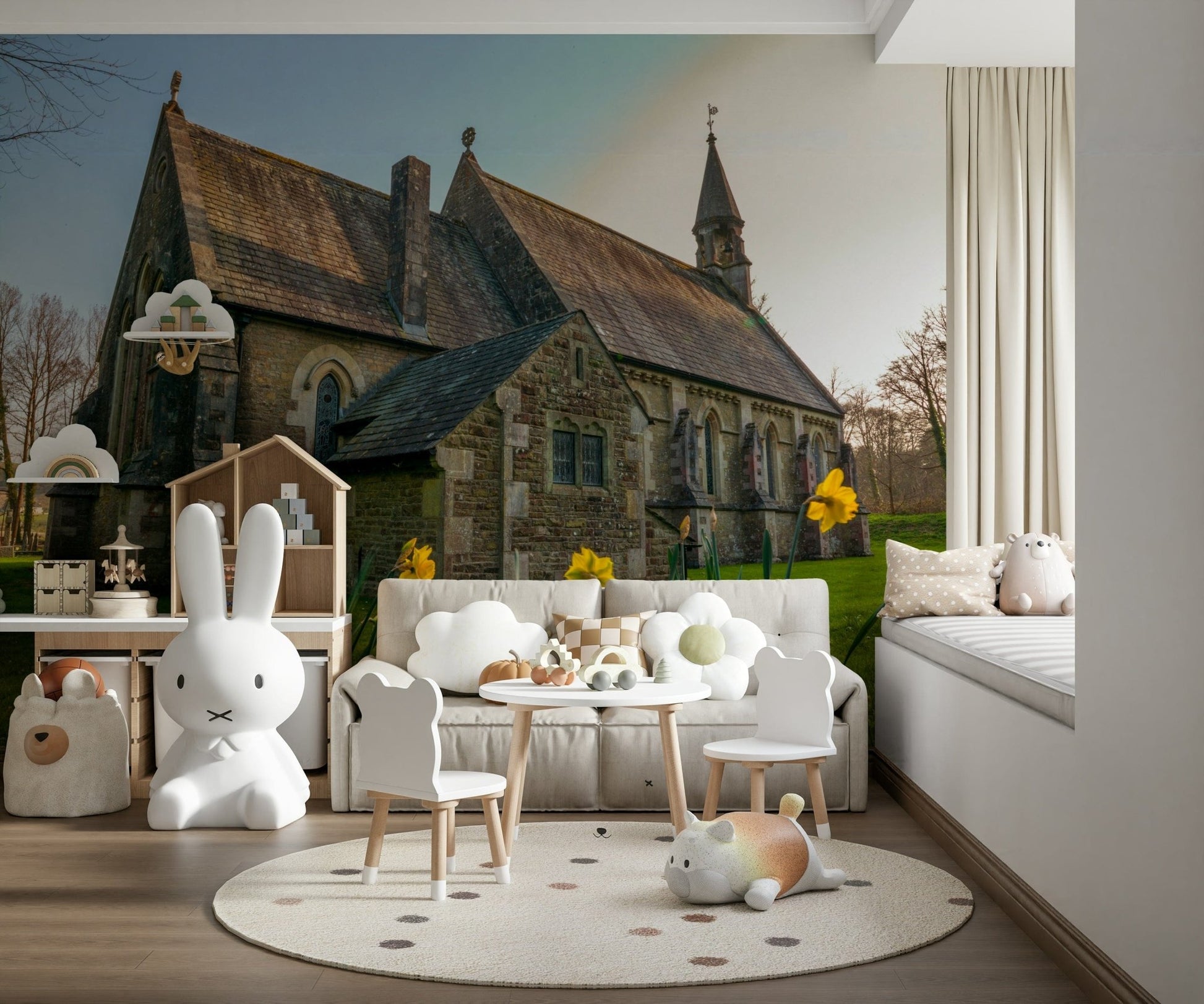 Stone church with Golden Daffodils wall mural springtime scene.