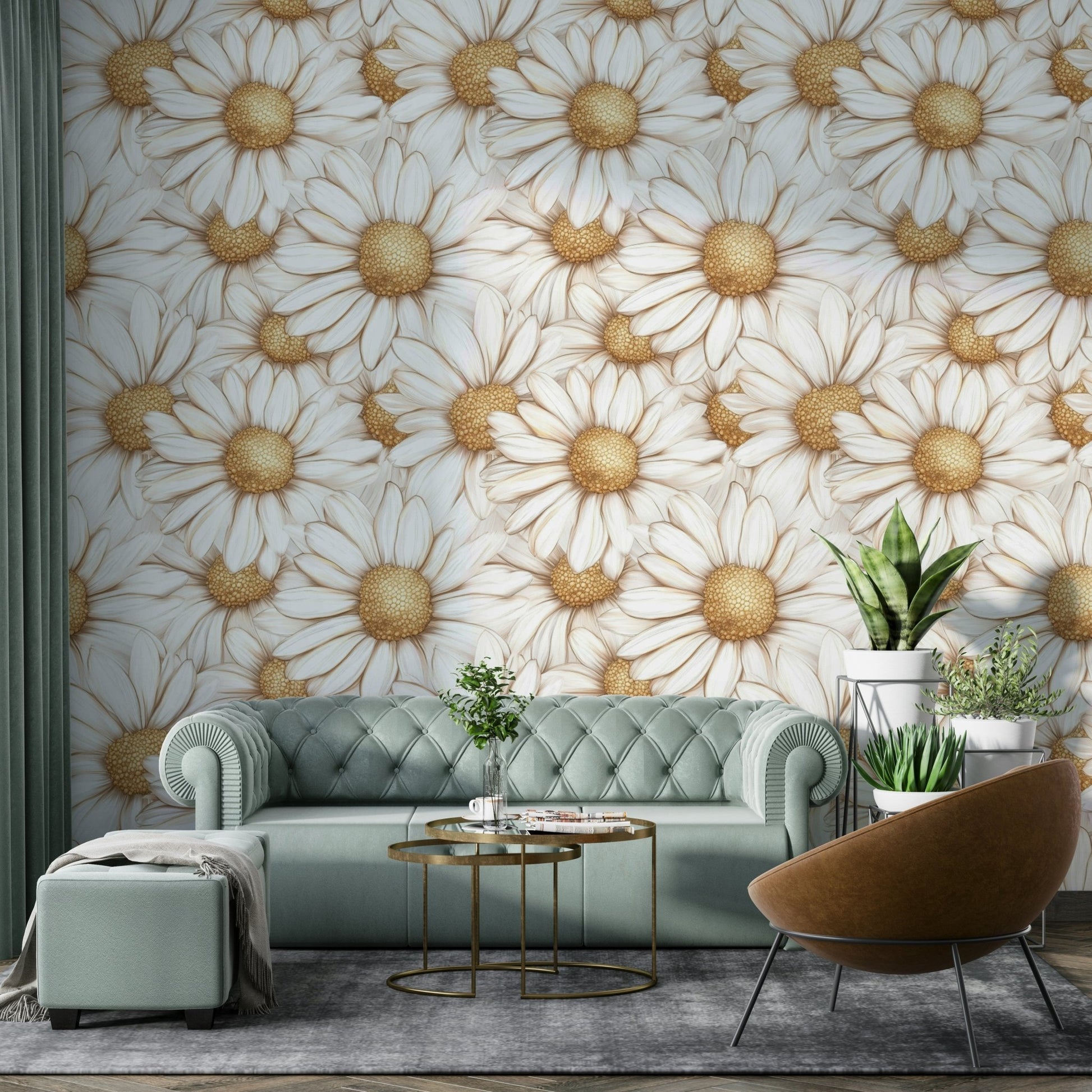Golden daisies wall mural for a bright room

