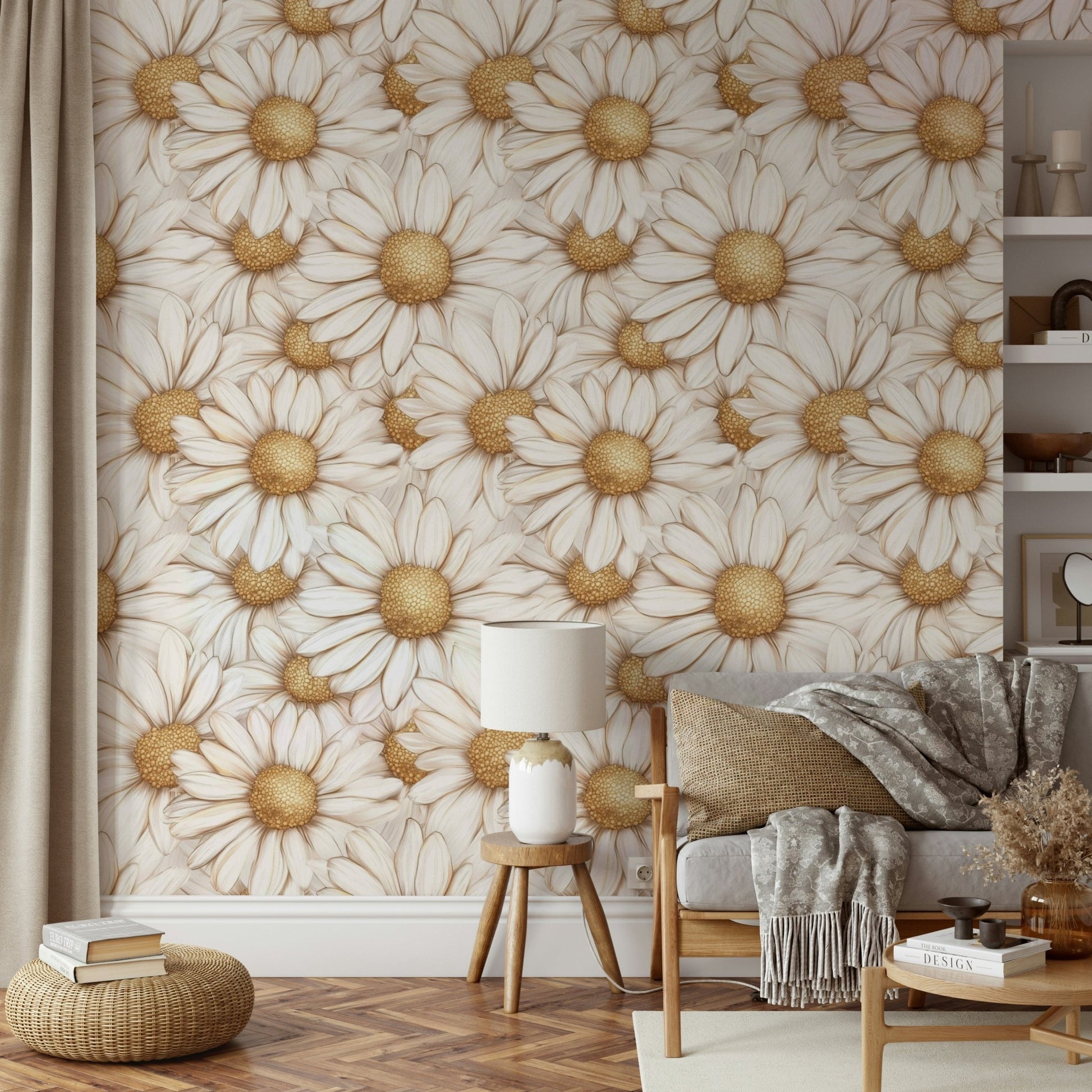 Soft golden daisy wallpaper for living rooms

