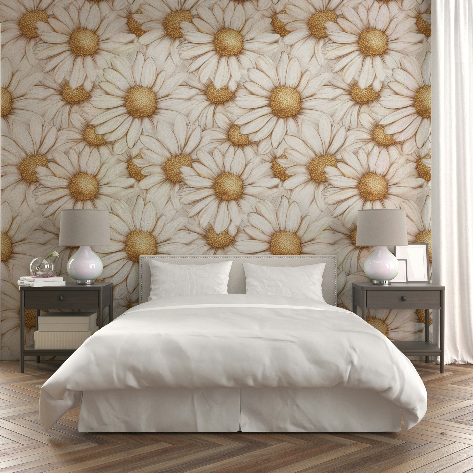 Subtle golden daisy wallpaper for peaceful spaces

