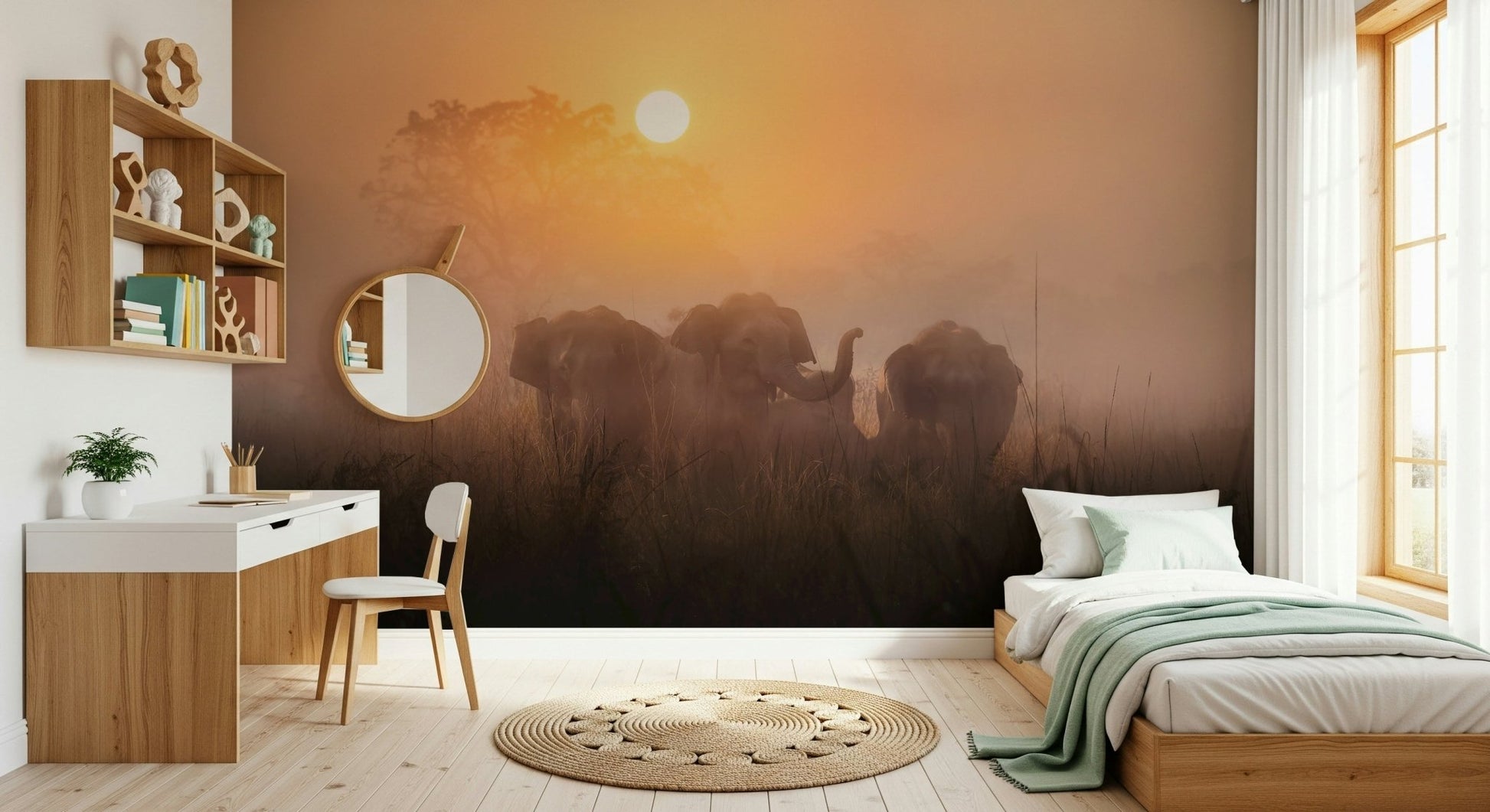 A beautiful golden dawn wallpaper mural featuring majestic elephants silhouetted against a sunrise., GD5860