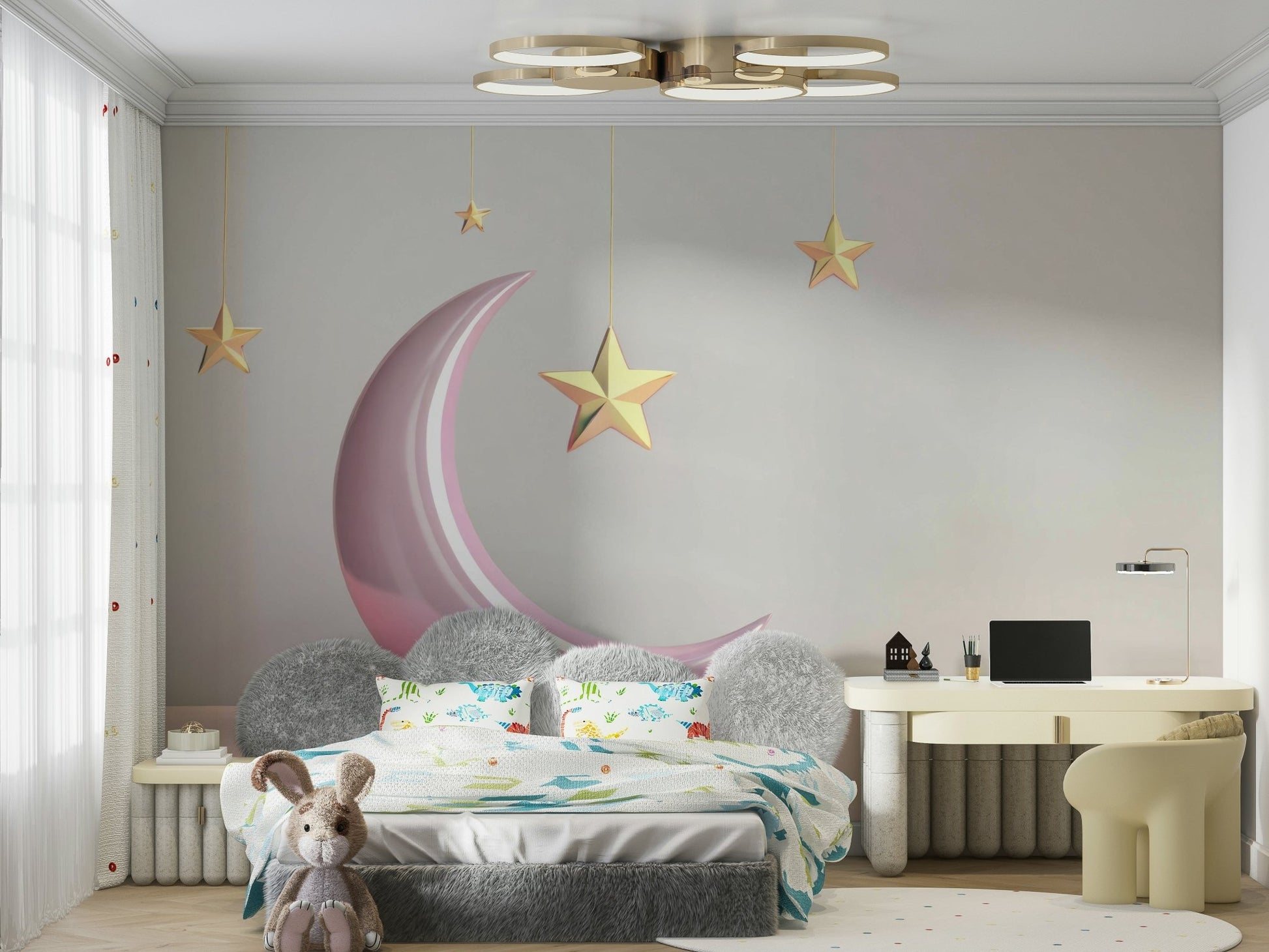 Golden Dreams Under a Pink Moon mural for serene spaces

